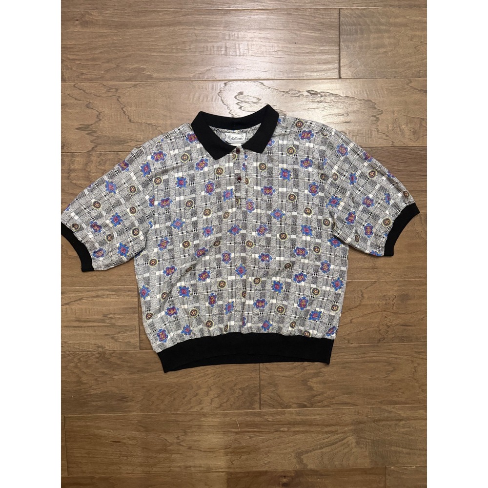 Vintage Notations Polo Top Womens 12 Multicolor Polyester Geometric Banded Waist